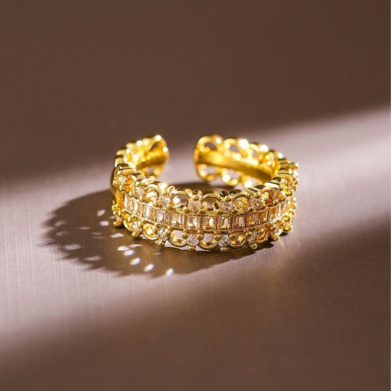 18K Gold Plated Baguette & Cubic Zirconia Studded Adjustable Openable Ring